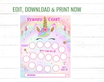 Editable Unicorn Reward Chart Unicorn Sticker Chart Pink Unicorn Chart Potty Training Sticker Chart Dry Night Chart Potty chart