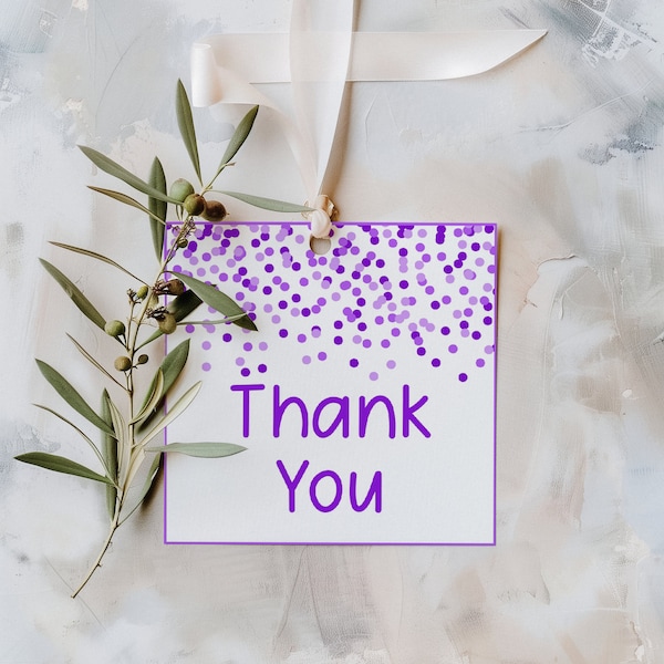 Editable Confetti Purple Gift Tags Purple Party Tags Purple Favor Cards Editable Tags Personalized Thank You Tags Printable 3" x 3"