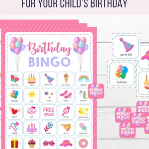 May include: Pink and white birthday bingo card with images of a butterfly, cake, party hat, ice cream, rainbow, balloons, sun, stars, shoes, unicorn, heart, cat, free space, mirror, moon and stars, lollipop, castle, flower, pizza, popsicle, gift, cupcake, sunglasses, hat, and donut. The card is surrounded by pink balloons and the text "Birthday Bingo" is at the top.