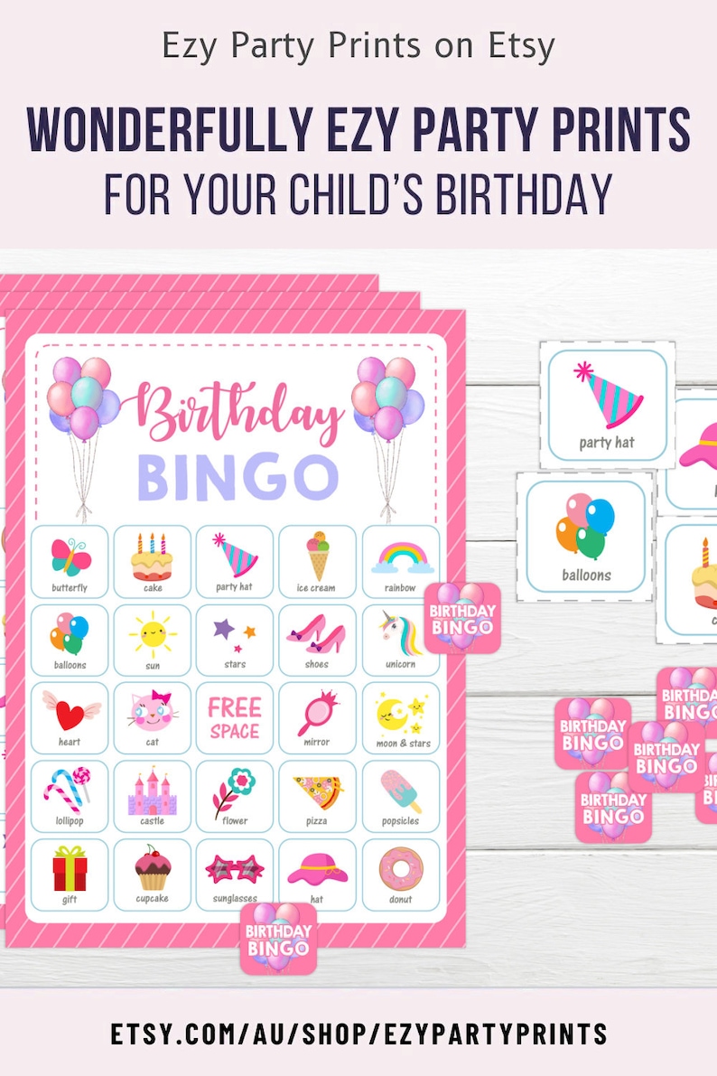 May include: Pink and white birthday bingo card with images of a butterfly, cake, party hat, ice cream, rainbow, balloons, sun, stars, shoes, unicorn, heart, cat, free space, mirror, moon and stars, lollipop, castle, flower, pizza, popsicle, gift, cupcake, sunglasses, hat, and donut. The card is surrounded by pink balloons and the text "Birthday Bingo" is at the top.
