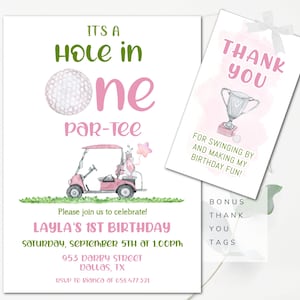 Golf First Birthday Invitation Hole In One Girls Golf Invitation Golfing Girl Invitation Golf Party Pink Golf Invite BONUS Thank You Tags