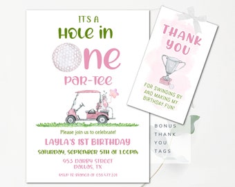 Golf First Birthday Invitation Hole In One Girls Golf Invitation Golfing Girl Invitation Golf Party Pink Golf Invite BONUS Thank You Tags