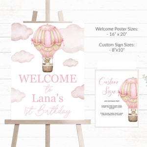 Editable Pink 1st Birthday Party Welcome Sign Pink Girls Birthday Decor Pink First Birthday Sign 1st Pink Balloon Birthday Party PA