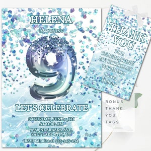 Faire-part pour 9e anniversaire fille, Invitation d'anniversaire scintillante, modifiable Faire-part pour neuvième anniversaire fille, téléchargement immédiat, invitation à une fête à la piscine GP4