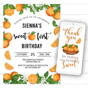 Orange First Birthday Invitation Editable Orange 1st Birthday Invitation Sweet Orange Birthday Invitation Oranges Sweet Party Invite OB9
