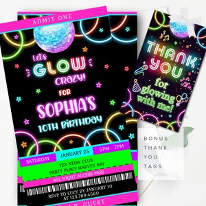 Glow Party-Einladung Glow Geburtstags-Einladung Editierbare Glow Ticket-Einladung Glow Birthday Party-Vorlage Neon Party-Einladung