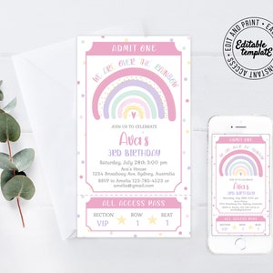 Girls Birthday Invitation Pastel Rainbow Ticket Invitation Digital Rainbow Birthday Party Invitation