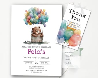 First Birthday Invitation Bear Birthday Invitation Teddy Bear Invitation Editable Any Age Invitation Bear with Balloons Printable Template