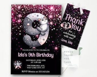 9th Birthday Invitation Pink Glitter Ninth Birthday Invitation Editable Girls Invitation Pink Glitter Kitten Invitation KB1