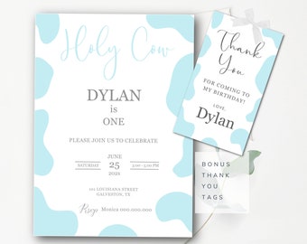 Editable Holy Cow 1st Birthday Invitation Gender Neutral Template Minimalist Blue Cow Print Birthday Party Invitation Digital Download Bl