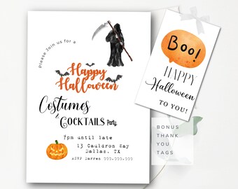 May include: A white Halloween party invitation with orange and black text, featuring a Grim Reaper illustration. The invitation includes the words "Happy Halloween," "Costumes & Cocktails Party," and "Boo!" on a tag.