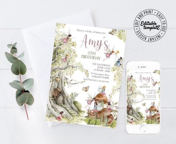 Editable Fairies Invitation, Woodland Fairies Instant Birthday Invitation, Editable fairy invitation, Instant download, Fairies Party EF Il_570xn