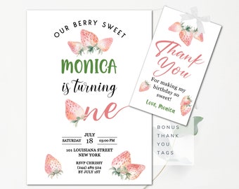 May include: A printable invitation for a first birthday party with a strawberry theme. The invitation features a watercolor illustration of strawberries and the text "Our Berry Sweet Monica is turning one". The invitation also includes details about the party, such as the date, time, and location.