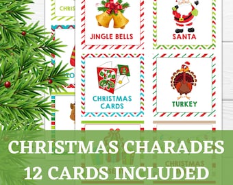 May include: A set of Christmas charade cards with festive illustrations. The cards feature images of jingle bells, Santa Claus, Christmas cards, and a turkey, with text labels. The words "Christmas Charades" and "12 Cards Included" are also displayed.