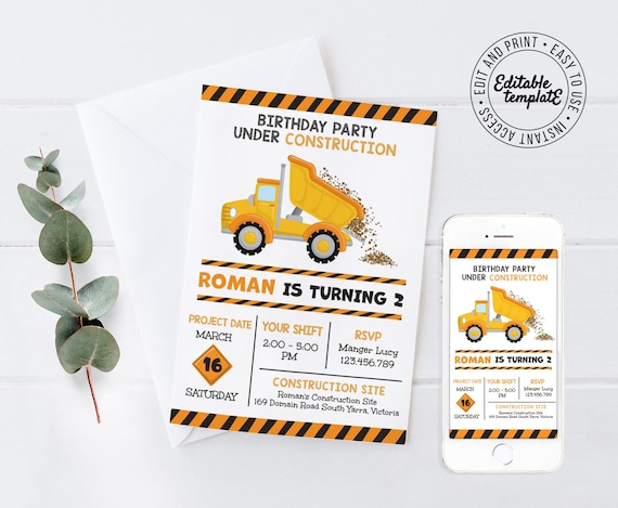 Editable Dump Truck Invitation Template Editable Construction Birthday 