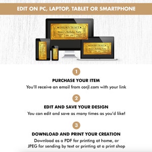May include: A digital mockup showing how to edit a printable birthday party invitation on a computer, tablet, or smartphone. The invitation features a gold ticket design with the text "Golden Ticket" and "Henry's Birthday Party".