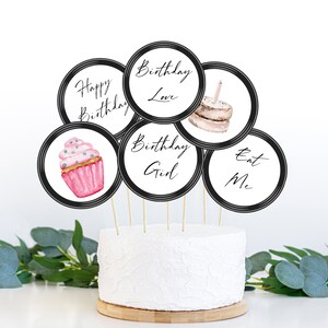 Moderne Geburtstagstortenaufsätze, bearbeitbare Geburtstagsparty-Dekoration, Herzstück für den ersten Geburtstag, 9 Party-Aufsätze, Dekor, Geburtstags-Cupcake-Aufsätze, BW
