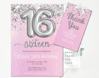 16th Birthday Invitation Teenage Girls Birthday Pink Invitation Editable Sweet 16 Birthday Silver Glitter Invitation Instant Download SG1