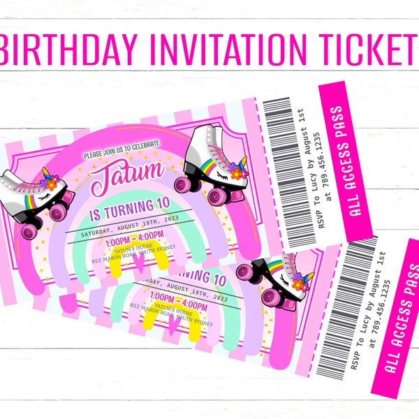 Roller Skating invitation, Unicorn Skating Birthday Invitation to edit, download and print. Rainbow Unicorn Skating Ticket invitation