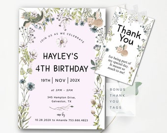 Pink Wildflower Birthday Invitation Template 1st Birthday Wildflower evite First Wildflower Birthday Invitation Meadow Flower Thank You Tags