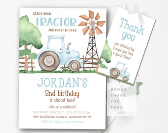 Tractor Invitation Editable Blue Tractor Birthday Invitation Boy Blue Farm Invitation Tractor Thank You and Evite Included INSTANT DOWNLOAD