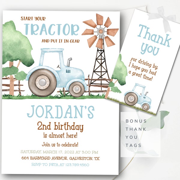 Tractor Invitation Editable Blue Tractor Birthday Invitation Boy Blue Farm Invitation Tractor Thank You and Evite Included INSTANT DOWNLOAD