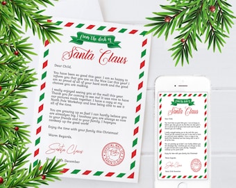 May include: A letter from Santa Claus, featuring a red and green border design. The letterhead reads "From the desk of Santa Claus" and includes a message to a child, signed by Santa. A smartphone displays the same letter.