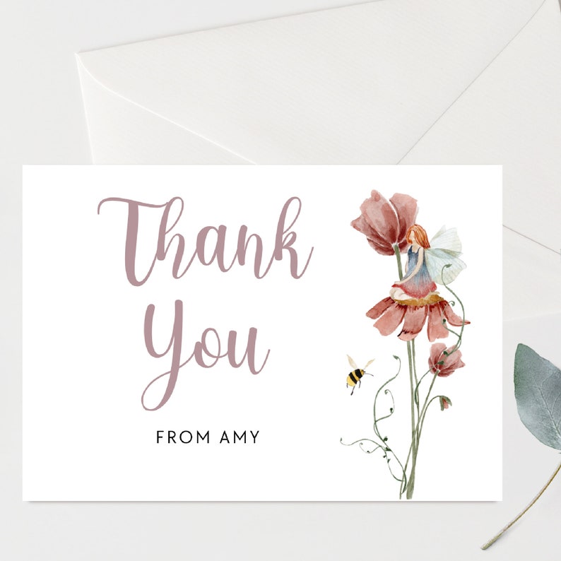 Fairies Birthday thank you card Fairy Birthday Card Fairy Birthday Card Editable Woodland Fairies Birthday Thank you tag Instant download EF image 1