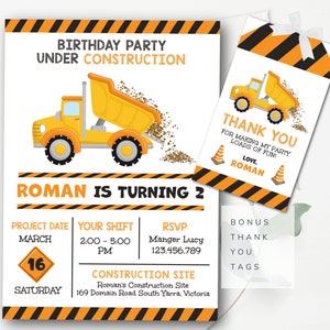 Plantilla de invitación de cumpleaños de construcción con etiquetas BONUS Invitación a fiesta de construcción Invitación de construcción editable Descarga instantánea - CSP8