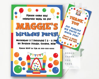 Editable Birthday Invitation Template Colorful Birthday Invitation Bounce Birthday Invitation Jump Birthday Party Invitation BONUS ID tags