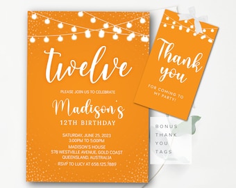 Editable Orange Invitation Orange Birthday Invitation Template Orange Party Invitation Orange Thank You Tags Personalize and Print Instantly