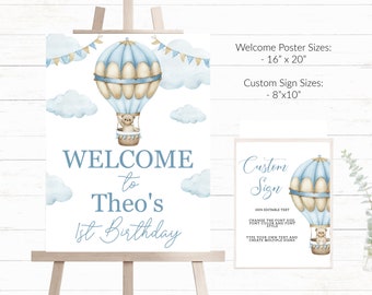 Blue Hot Air Balloon Birthday Welcome Sign Blue Boys Birthday Sign Blue First Birthday Sign 1st Birthday Welcome To My Party Sign BA