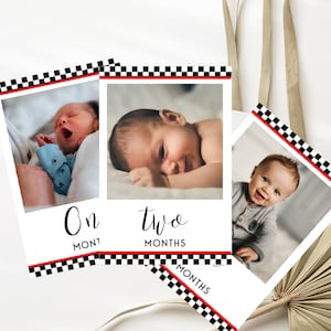 Editable Racing First Birthday Photo Banner to edit and download instantly.  Boy's Racing Car Birthday Milestone Photo Collage RC