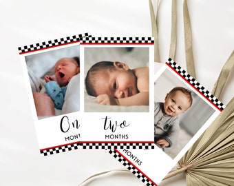 Editable Racing First Birthday Photo Banner to edit and download instantly.  Boy's Racing Car Birthday Milestone Photo Collage RC