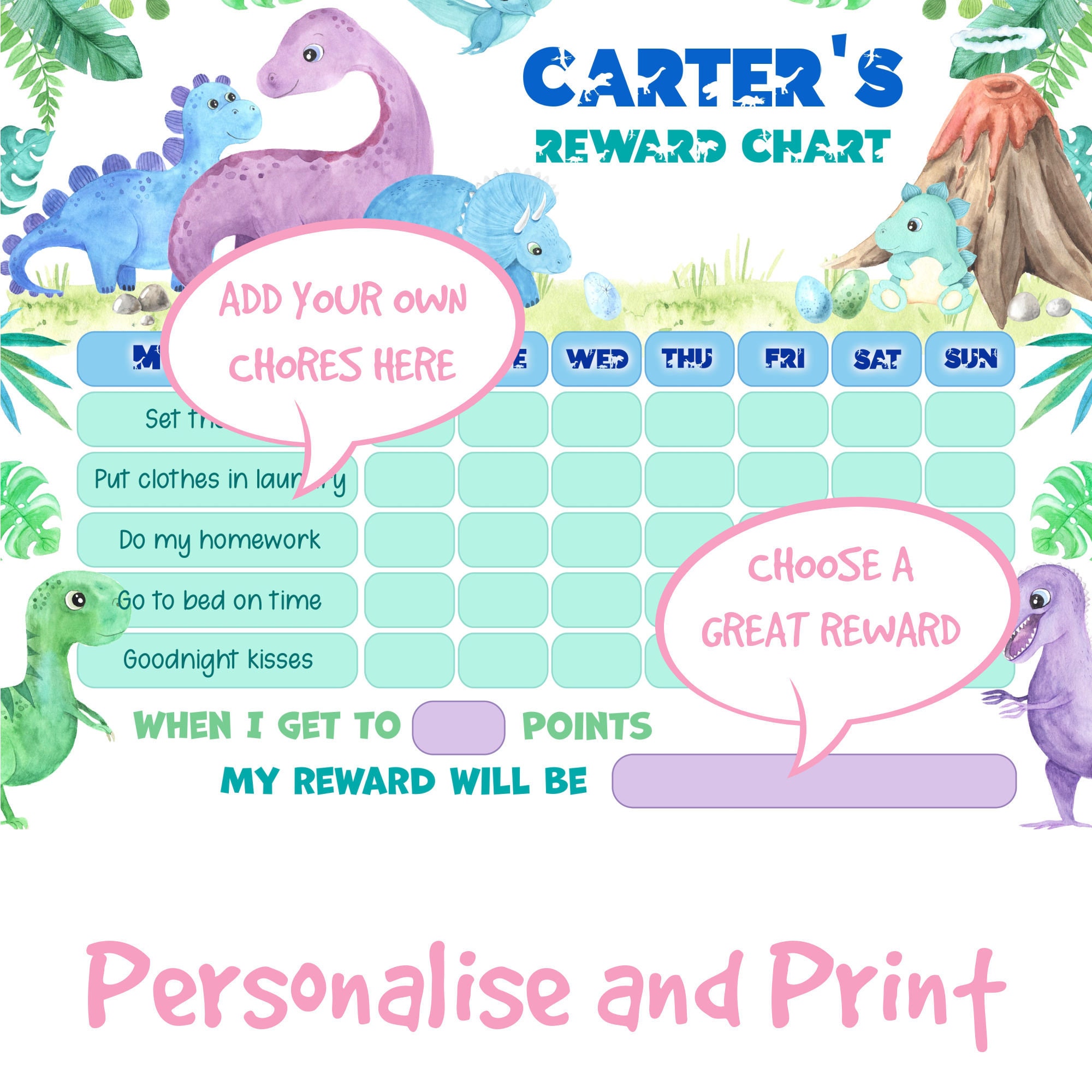Reward Chart for Boys Editable Dinosaur Reward Chart Kids Chore Chart ...