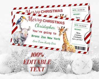 May include: Two Christmas-themed tickets with red and white striped borders. The tickets read "Merry Christmas" and include the text "Christopher, You're going to Bronx Zoo New York." Illustrations of a toucan, rhino, and giraffe are featured. The text "100% EDITABLE TEXT" is also visible.