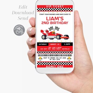 May include: A red and black VIP ticket for Liam's 2nd birthday party. The ticket has a checkered pattern and a cartoon race car. The event is at The Liam's Depot on August 15th at 3:00 PM. RSVP to Amanda by July 25th.