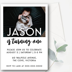 Editable Modern Photo Birthday Invitation + TAGS Photo Birthday Invitation Template Minimalist Birthday Invitation Photo Invitation BW