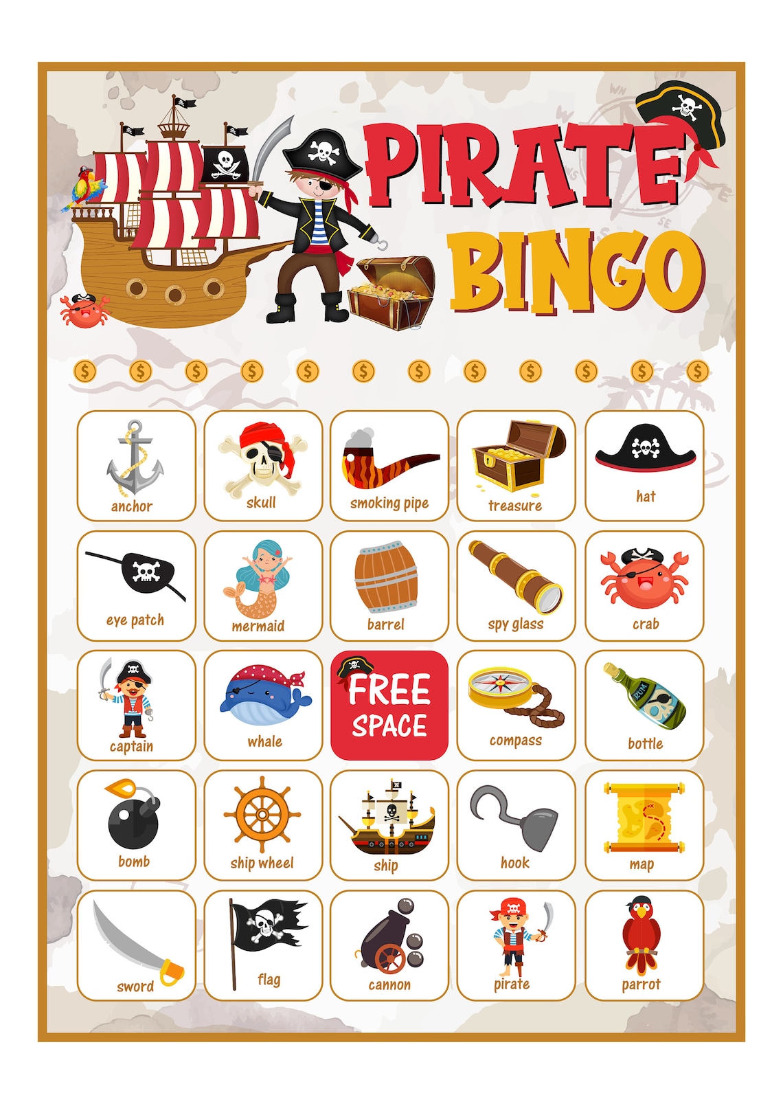 pirate bingo game bingo for kids printable bingo game for boys etsy