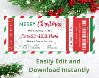 Può includere: Un biglietto per un concerto a tema natalizio con strisce rosse, verdi e bianche. Il biglietto recita "MERRY Christmas" e "VIP TICKET". Include spazio per il nome del concerto, la sede, l'ora e la data. È presente anche il testo "Easily Edit and Download Instantly".