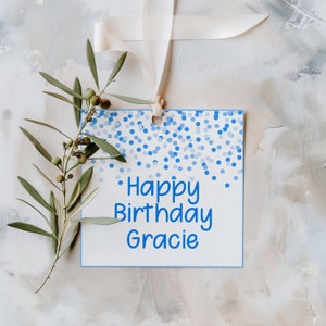 Bewerkbare blauwe cadeaukaartjes Blauwe confetti bedankkaarten Bewerkbare blauwe vierkante tags Gepersonaliseerde bedankkaartjes Afdrukbare blauwe feesttags