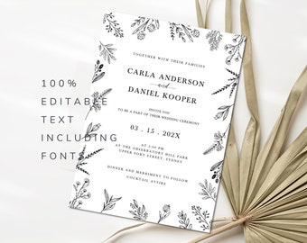 Wildflower Wedding Invitation Editable Black and White Wedding Template Editable Marriage Invitation Wildflower BONUS Custom Gift Tags