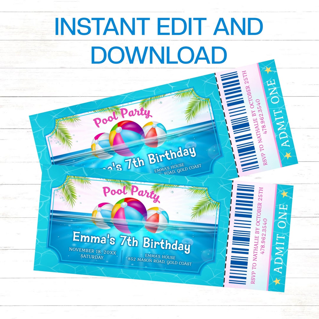 Pool Party Editable Invitation Pool Party Ticket Birthday Invitation ...