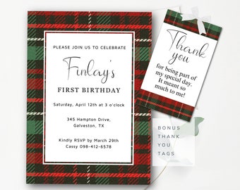 Plaid Birthday Invitation Red and Green Plaid Invitation Editable Plaid Invitation Plaid Party Invitation Instant Download Editable Template