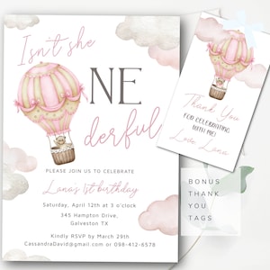 Editable Hot Air Balloon Birthday Invitation Bear Pink Hot Air Balloon Invite Girl Balloon Birthday Party Invitation Girls 1st Birthday PA