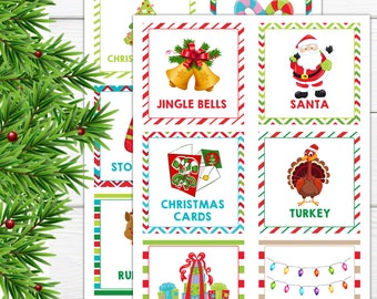 May include: A collection of Christmas-themed square cards with festive illustrations and text. The cards feature images of Santa, jingle bells, presents, Christmas lights, and more, framed with red and green borders.