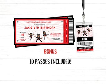 Editable Ninja Birthday Invitation Ninja Invitation in 3 skin tones with free ID Badges Ninja Ticket Invitation Ninja Birthday Party Invite
