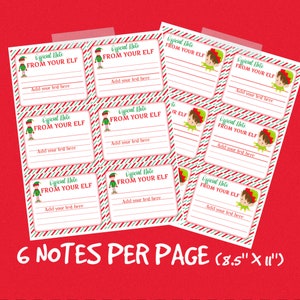 May include: Sheets of paper with "Official Note From Your Elf" printed on them. Each note features an elf illustration and space to add text. The paper has a red and white candy cane stripe border. The text "6 Notes Per Page (21.6cm X 28cm)" is at the bottom.