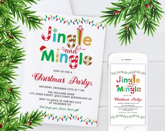 May include: A white Christmas party invitation with the words "Jingle and Mingle" in colorful text. The invitation includes details like the date, time, and location, along with a matching phone screen display.