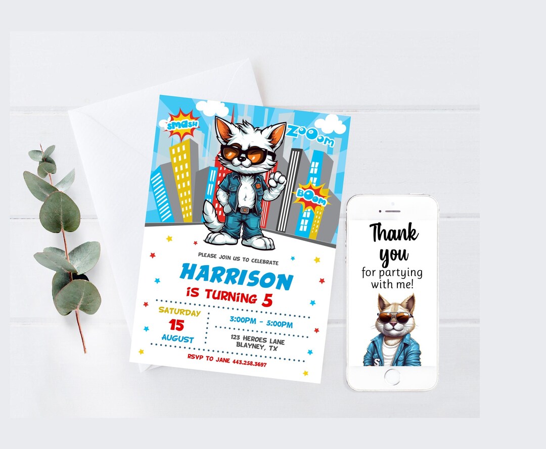 Editable Boys Birthday Invitation Cool Birthday Invitation Cool Cat